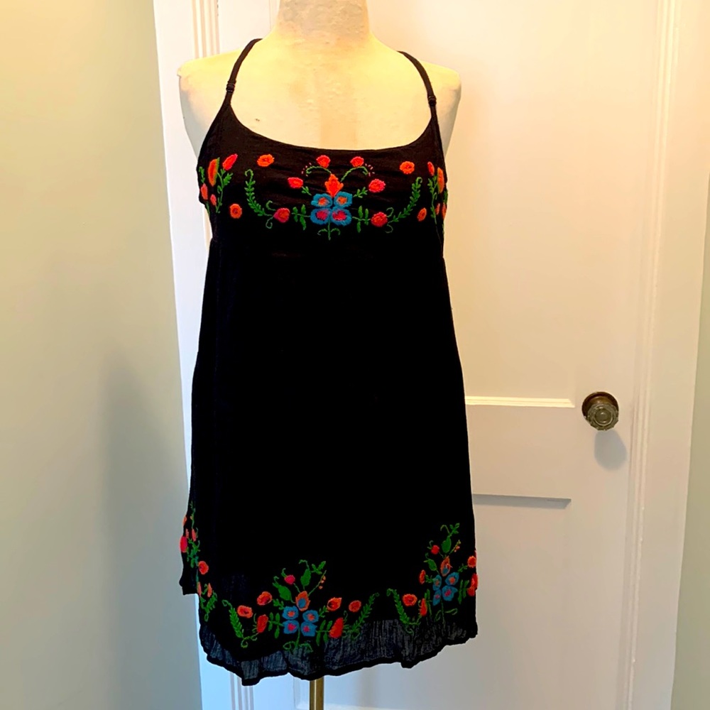 Vintage Y2K Buffalo Black Floral Embroidered Empire Babydoll Dress Size Large